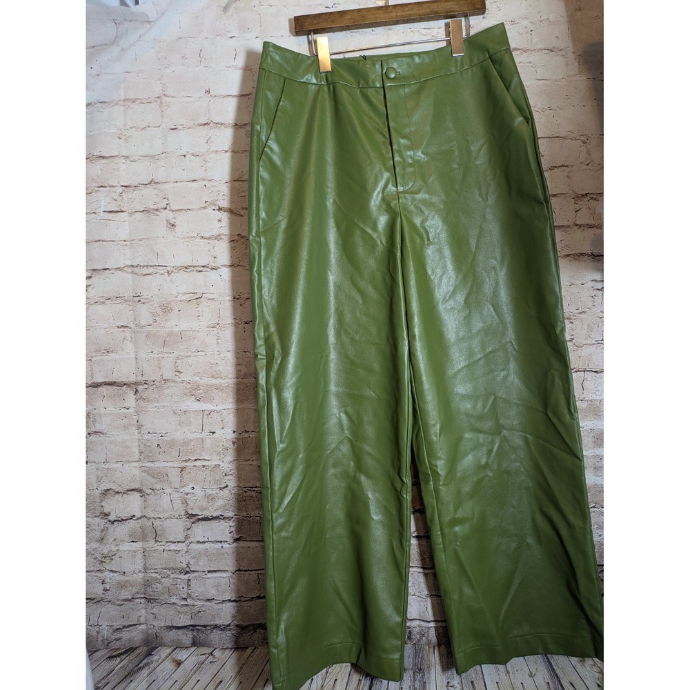 NEW MICAS Faux Leather Pants XL Pea Green Ultra Wide Leg Artsy High Rise